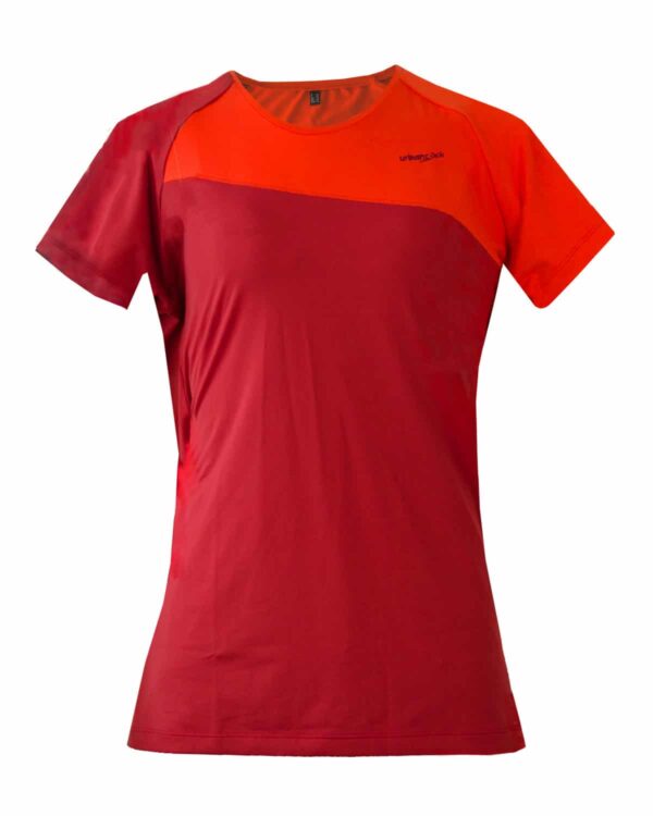 Damenfunktionsshirt Nago in Rot mit orangem Einsatz. Für verschiedene Sportarten.