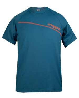 Herren-Funktionsshirt aus Polyamid Davenna in blau mit orangem Druck. Für verschiedene Sportarten geeignet, wie Wandern, Mountainbiken, Skitouren und sonstige Aktivitäten Draußen und in den Bergen.